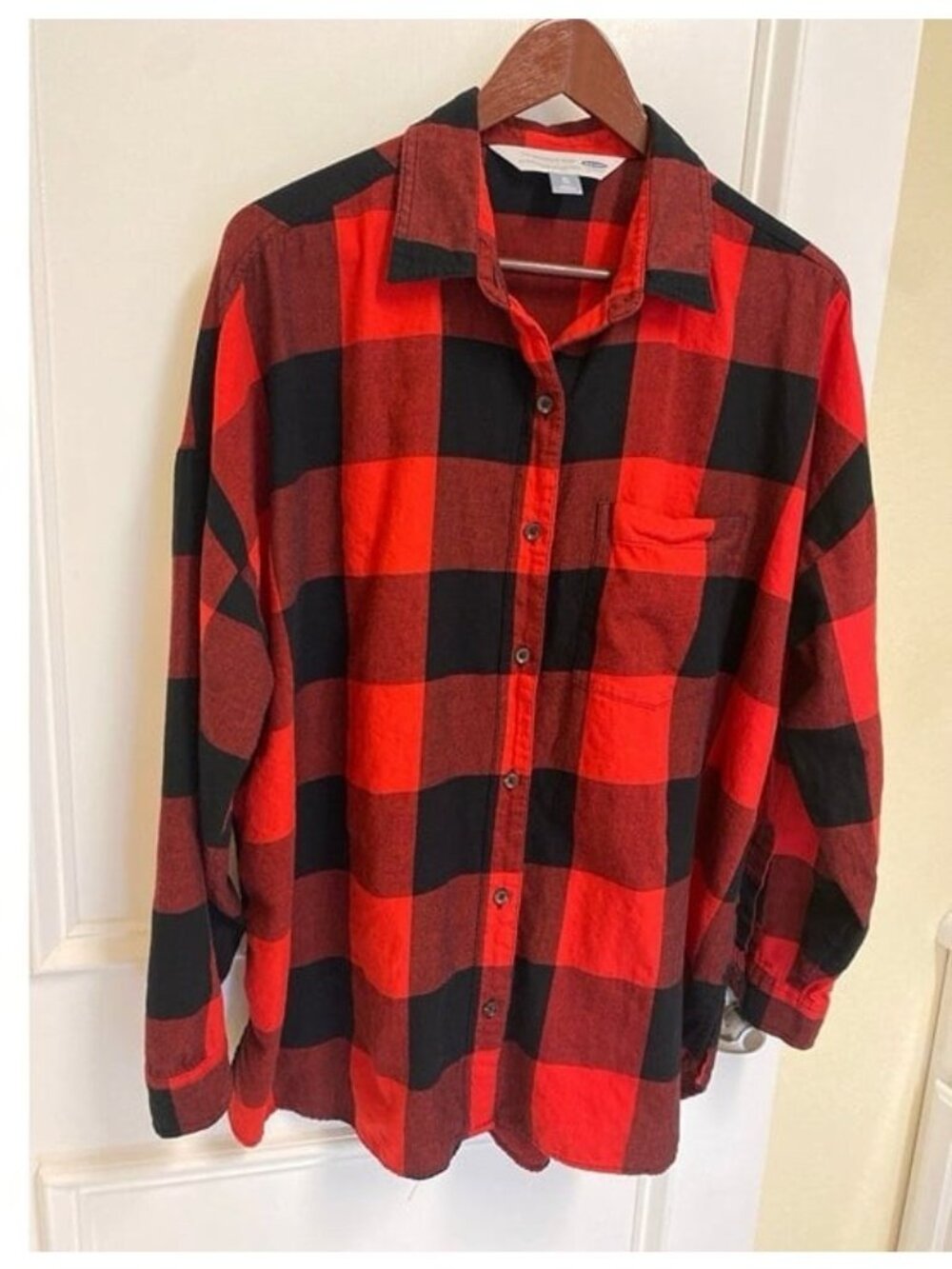 Old Navy Red Buffalo Plaid Cotton Flannel Button Down Boyfriend Shirt Size XL